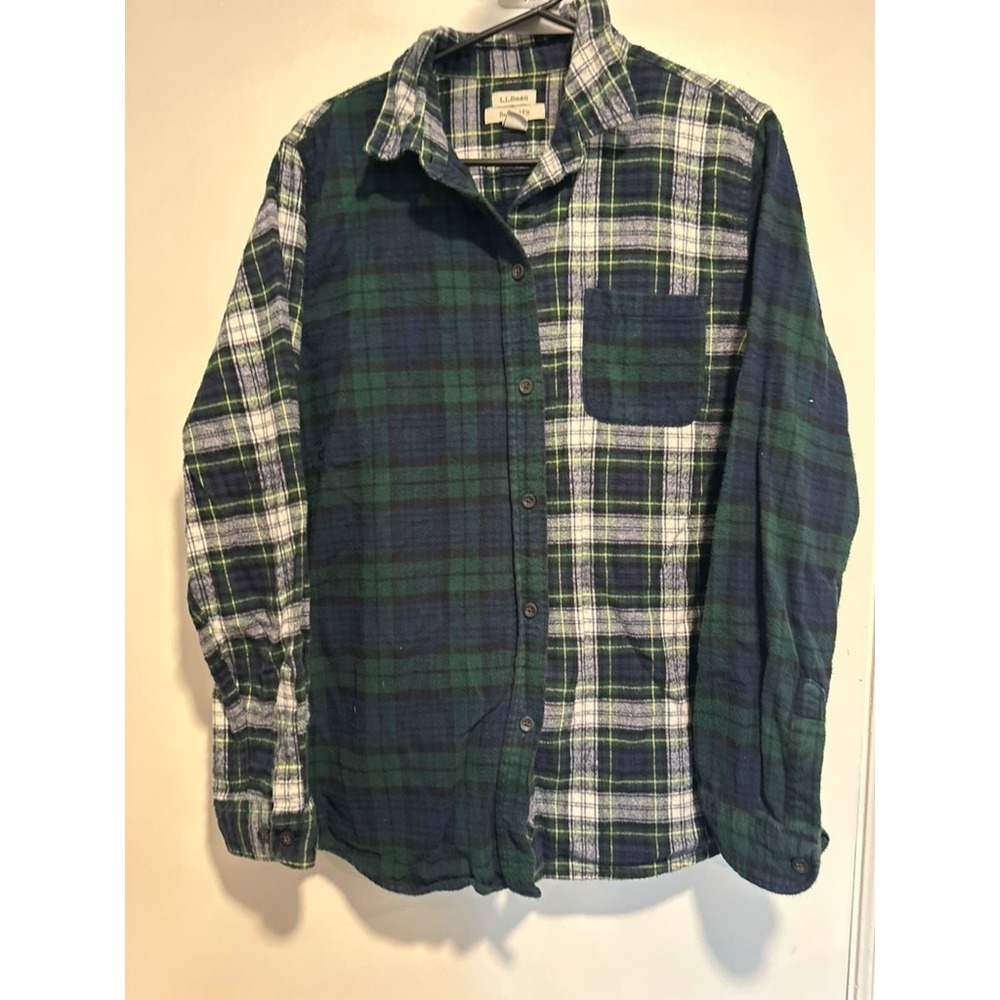 L.L. Bean Grunge Colorblock Mixed Plaid Flannel Shirt Sz:L Green Blue Cotton